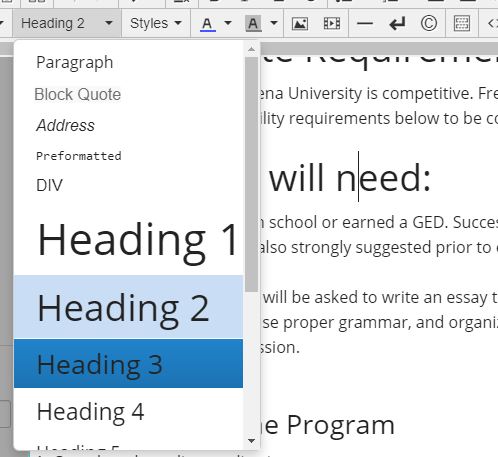 A list of headings are available in the WYSIWYG toolbar