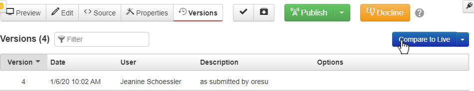 A list of recent versions next to a 'Compare to Live' button