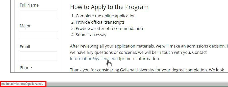 Hovering over the text information actually links to the admissions department's email