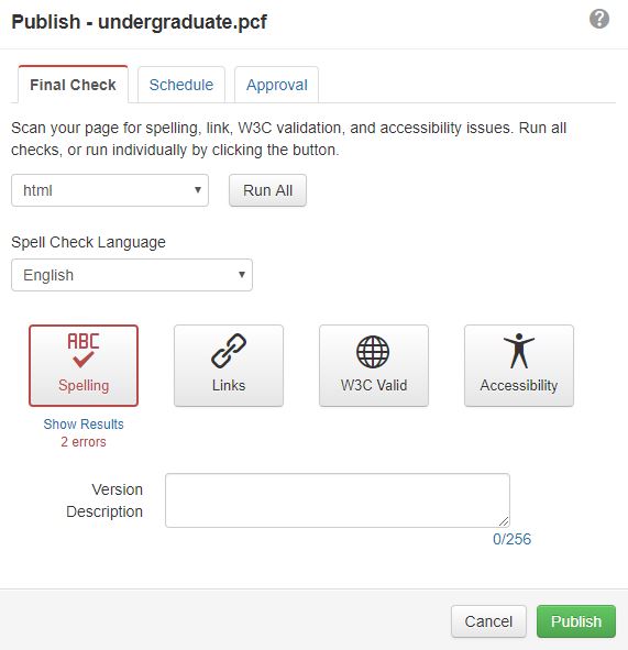 Publish undergraduate.pcf Final Check options include Spelling checks