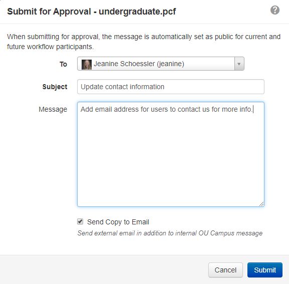 A submit for approval screen showing a complete description of the changes made