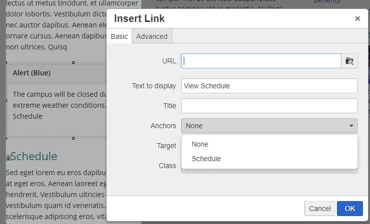 The Insert Link window for adding a URL or anchor to text